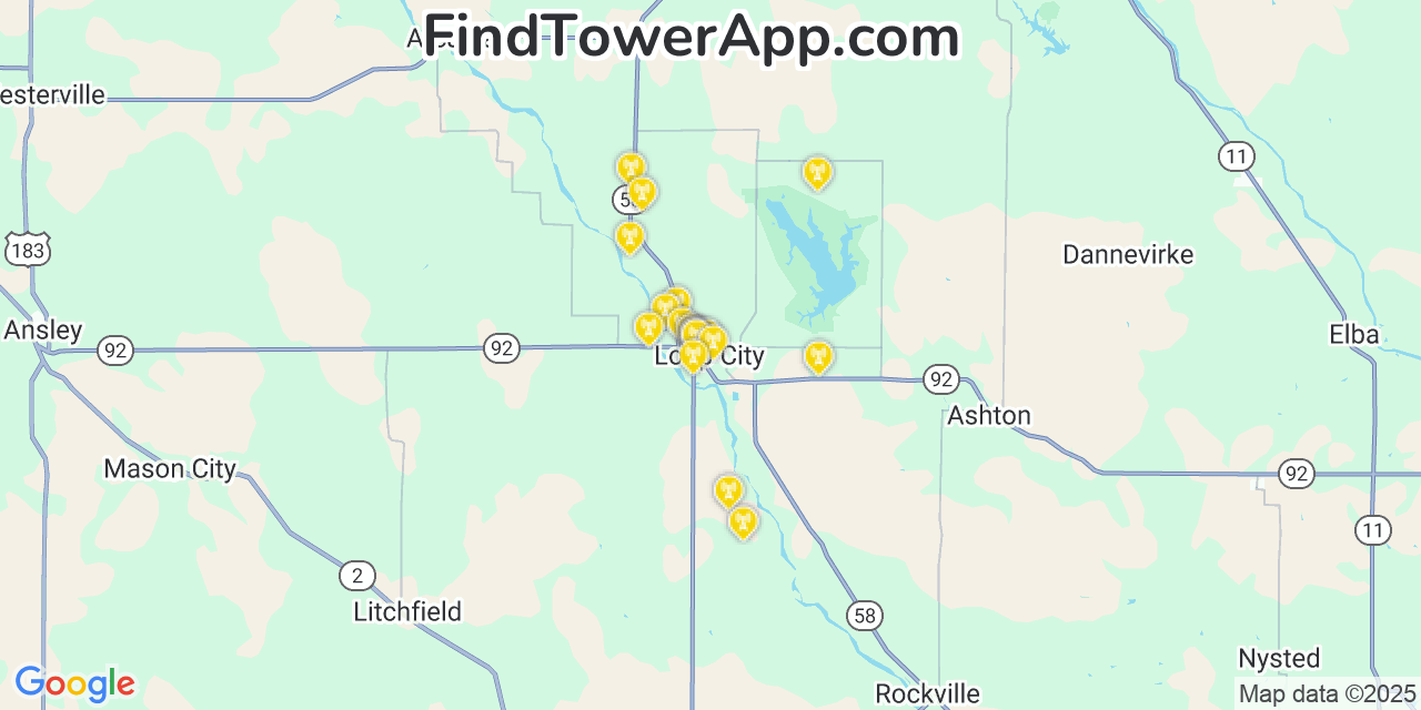 Map showing the 20 primary cell tower locations detected in Loup City, Nebraska from AT&T, Verizon, and T-Mobile networks