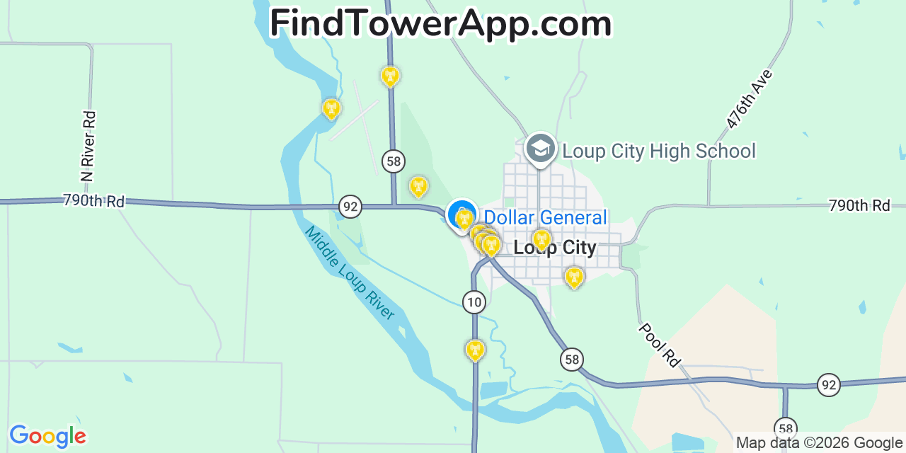 Map showing the 20 primary cell tower locations detected in Loup City, Nebraska from AT&T, Verizon, and T-Mobile networks