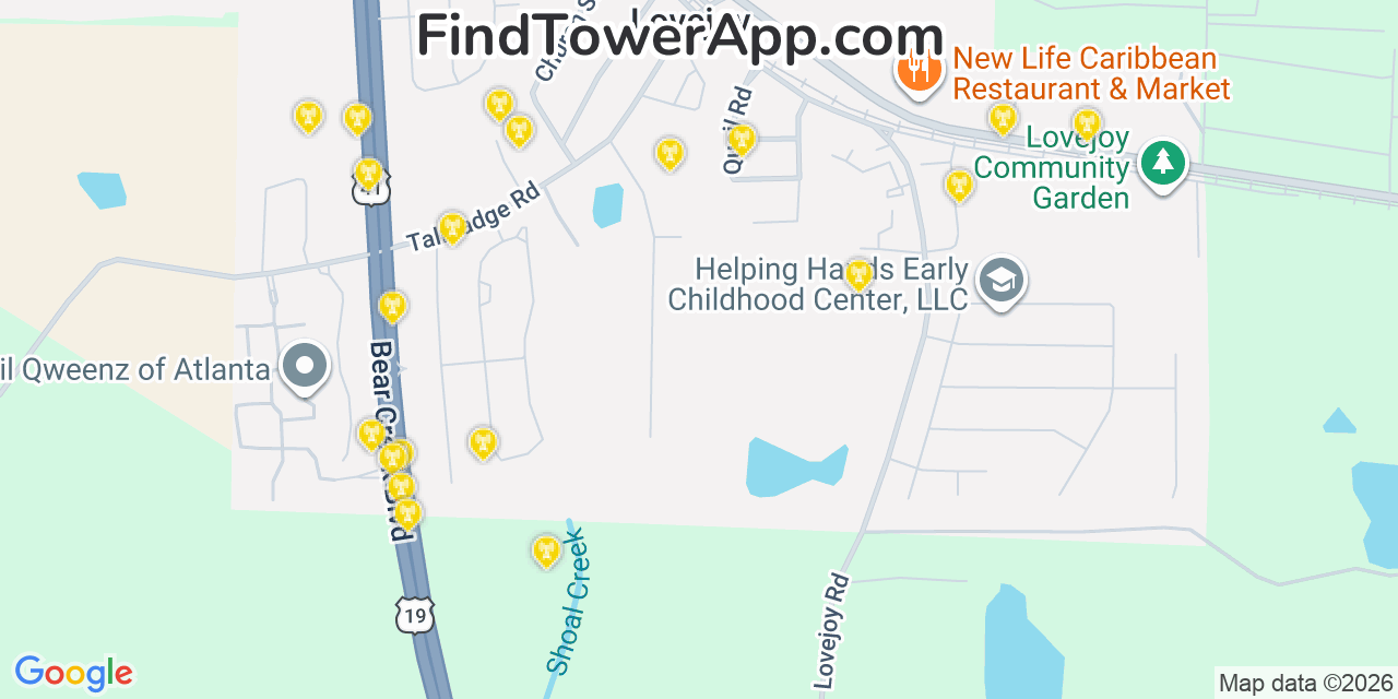 Map showing the 20 primary cell tower locations detected in Lovejoy, Georgia from AT&T, Verizon, and T-Mobile networks