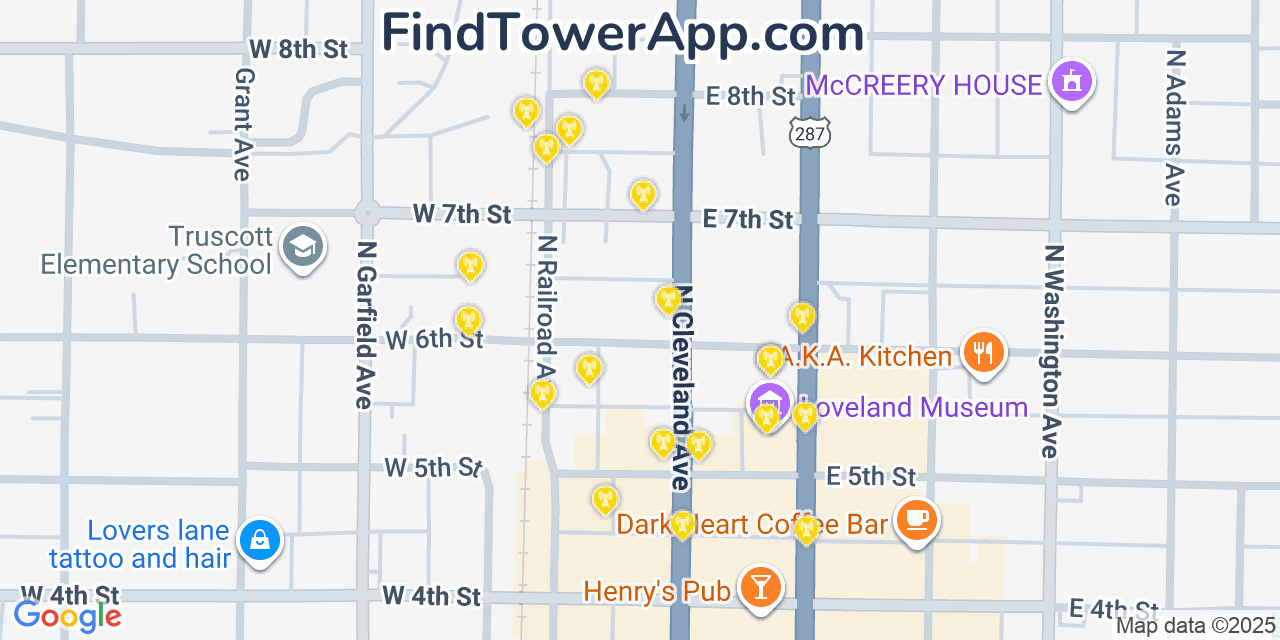 Map showing the 20 primary cell tower locations detected in Loveland, Colorado from AT&T, Verizon, and T-Mobile networks