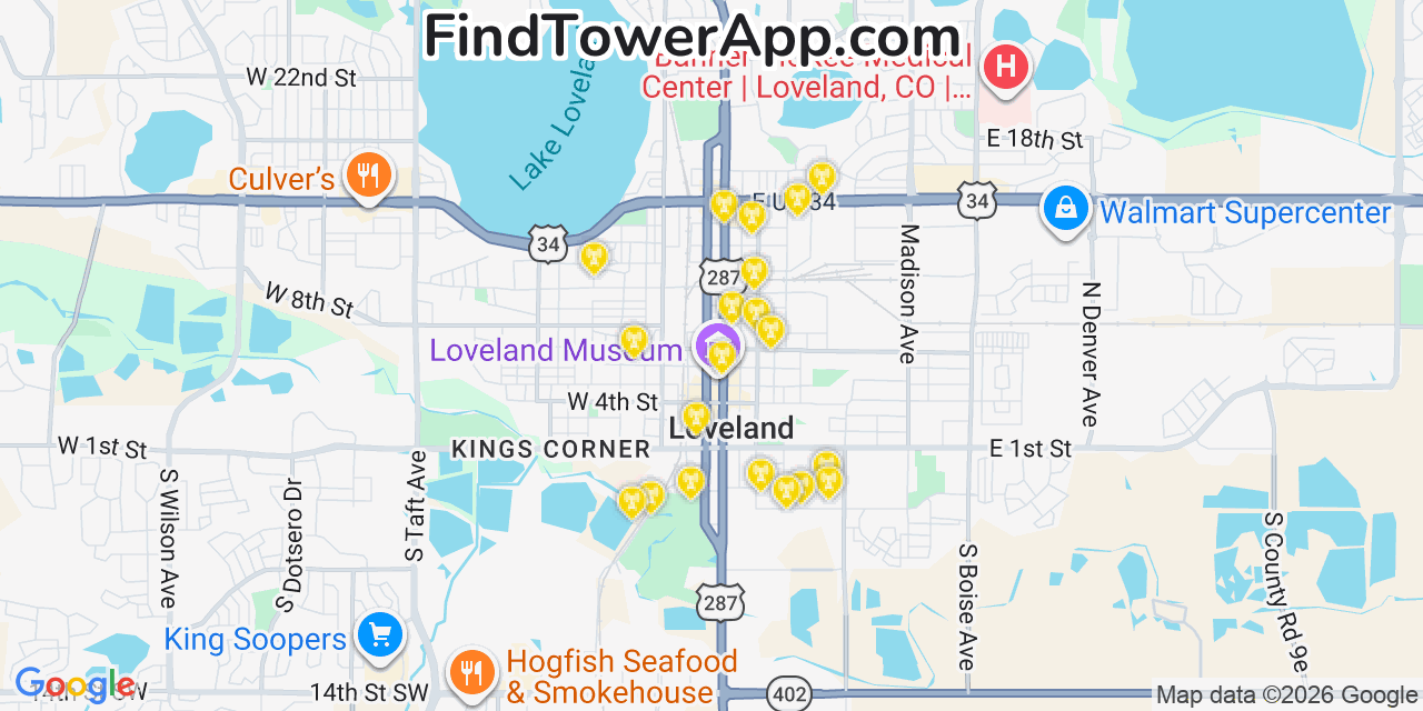 Map showing the 20 primary cell tower locations detected in Loveland, Colorado from AT&T, Verizon, and T-Mobile networks