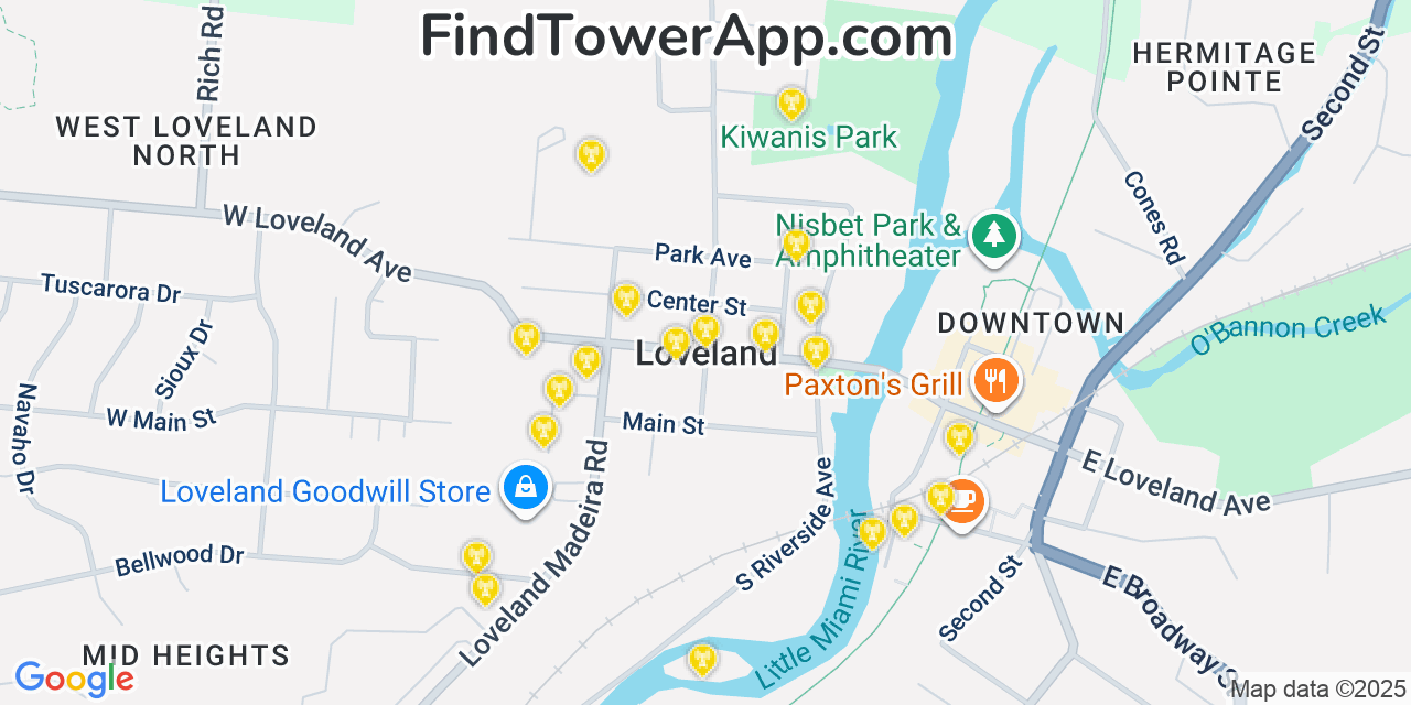 Map showing the 20 primary cell tower locations detected in Loveland, Ohio from AT&T, Verizon, and T-Mobile networks