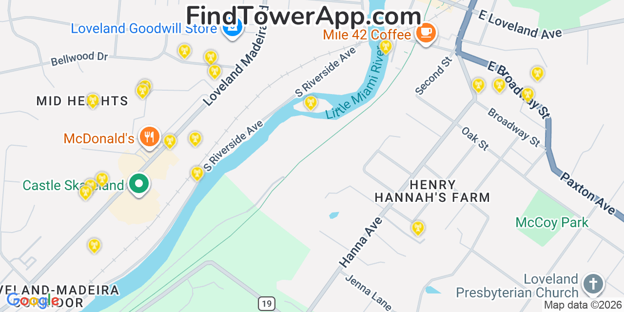 Map showing the 20 primary cell tower locations detected in Loveland, Ohio from AT&T, Verizon, and T-Mobile networks