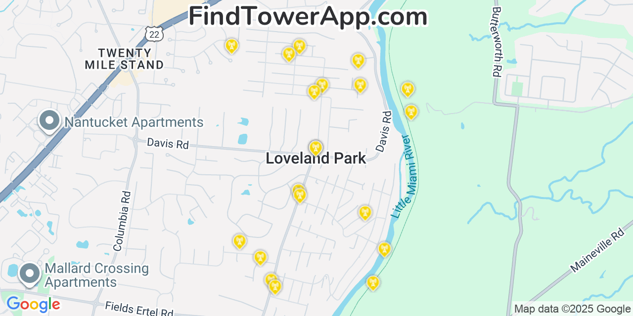 Map showing the 20 primary cell tower locations detected in Loveland Park, Ohio from AT&T, Verizon, and T-Mobile networks