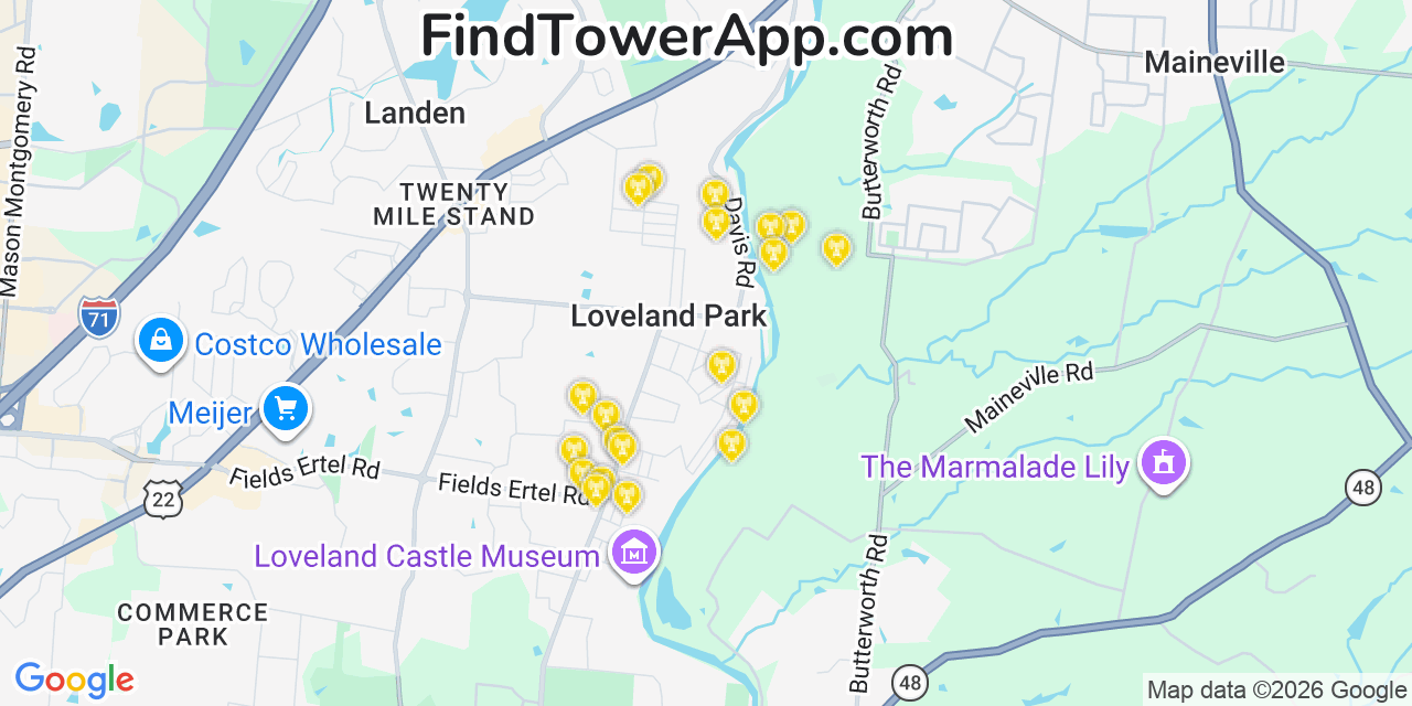 Map showing the 20 primary cell tower locations detected in Loveland Park, Ohio from AT&T, Verizon, and T-Mobile networks