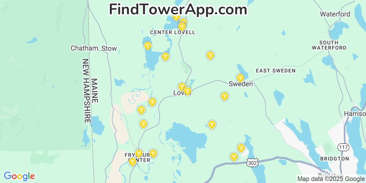 Map showing the 20 primary cell tower locations detected in Lovell, Maine from AT&T, Verizon, and T-Mobile networks