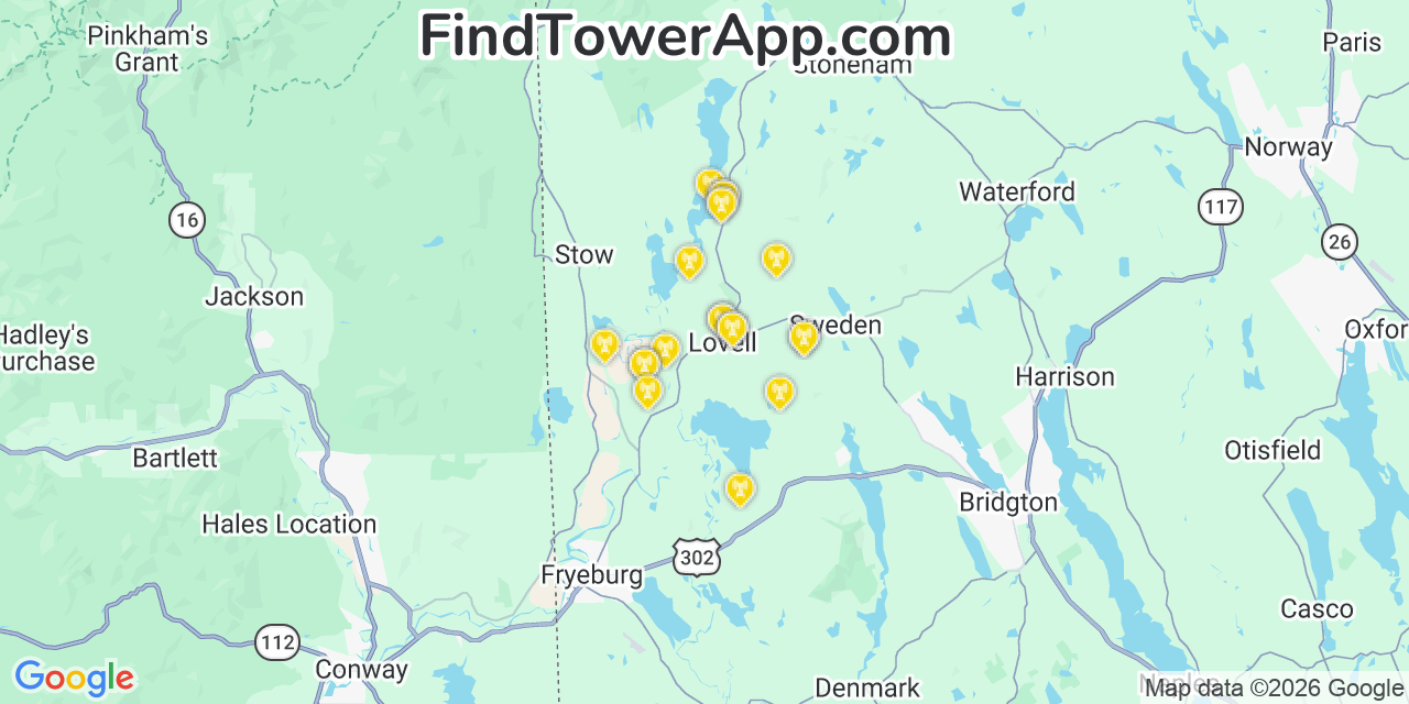 Map showing the 20 primary cell tower locations detected in Lovell, Maine from AT&T, Verizon, and T-Mobile networks