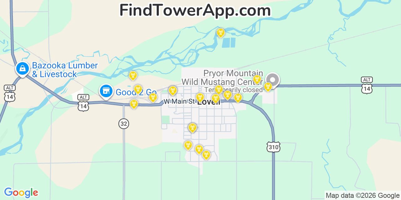 Map showing the 20 primary cell tower locations detected in Lovell, Wyoming from AT&T, Verizon, and T-Mobile networks