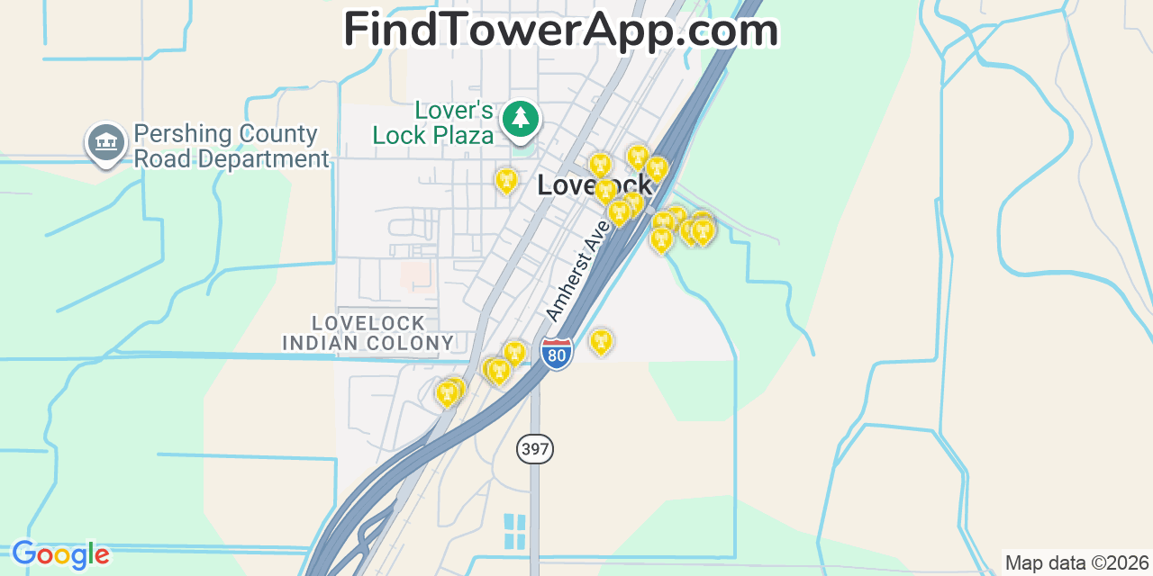 Map showing the 20 primary cell tower locations detected in Lovelock, Nevada from AT&T, Verizon, and T-Mobile networks