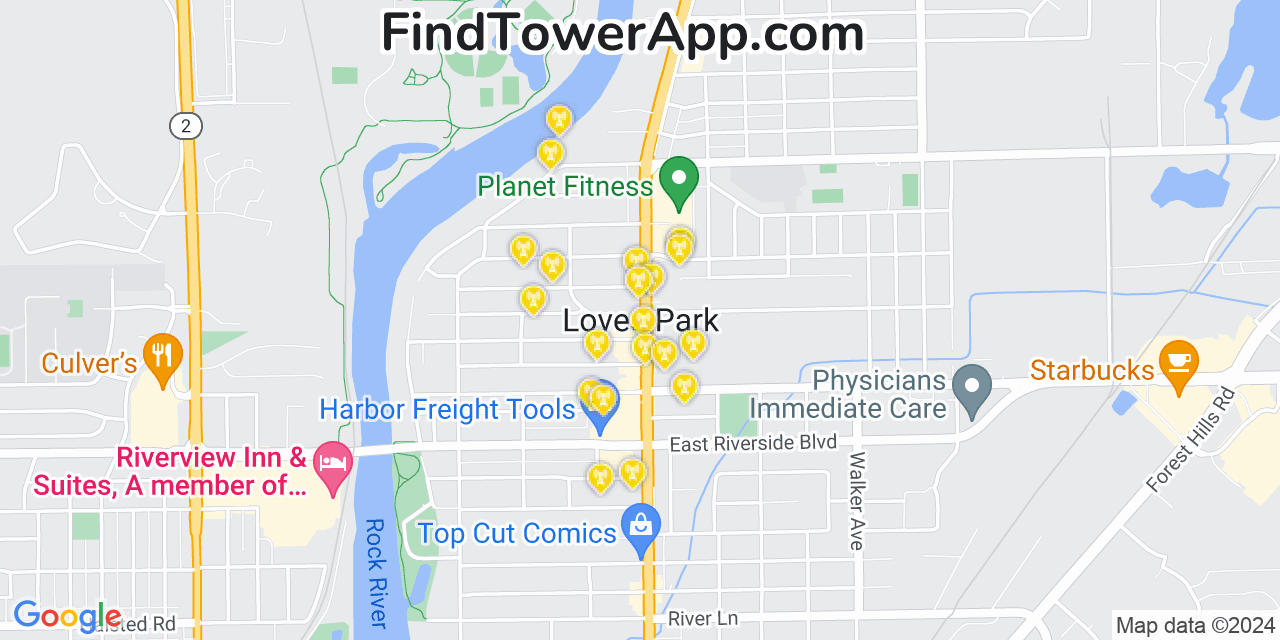 AT&T 4G/5G cell tower coverage map Loves Park, Illinois