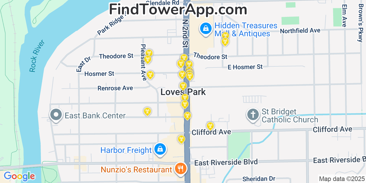 Map showing the 20 primary cell tower locations detected in Loves Park, Illinois from AT&T, Verizon, and T-Mobile networks