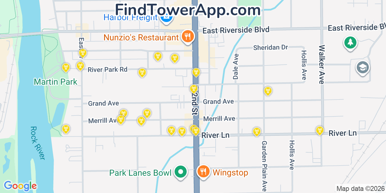 Map showing the 20 primary cell tower locations detected in Loves Park, Illinois from AT&T, Verizon, and T-Mobile networks