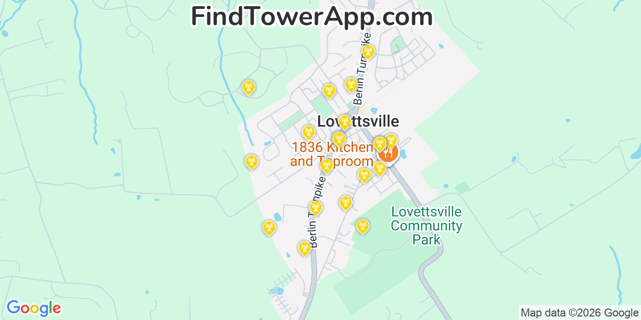 Map showing the 20 primary cell tower locations detected in Lovettsville, Virginia from AT&T, Verizon, and T-Mobile networks