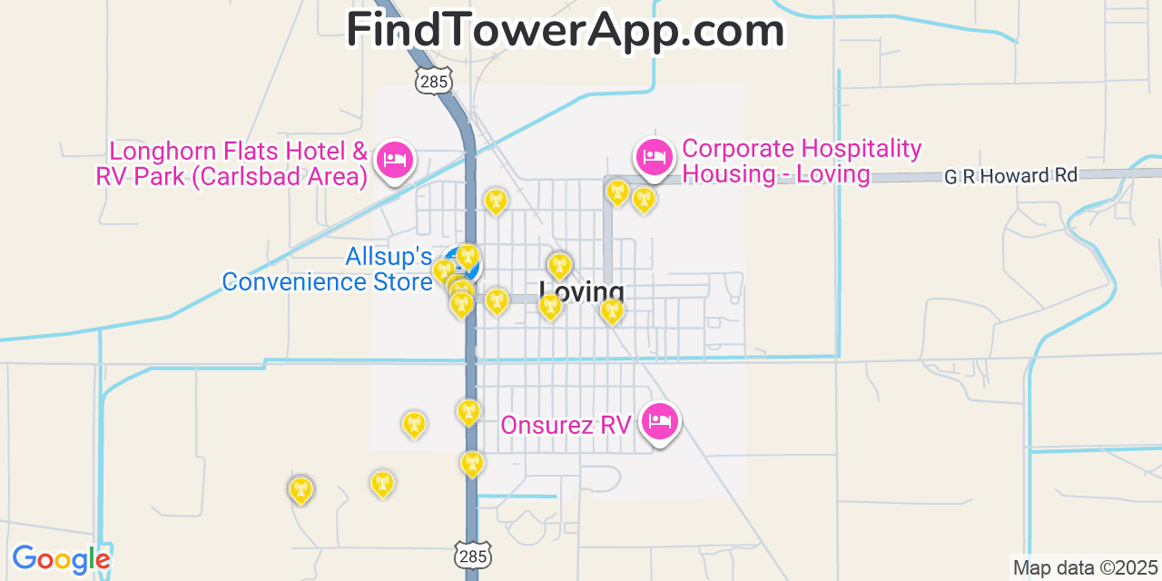 Map showing the 20 primary cell tower locations detected in Loving, New Mexico from AT&T, Verizon, and T-Mobile networks