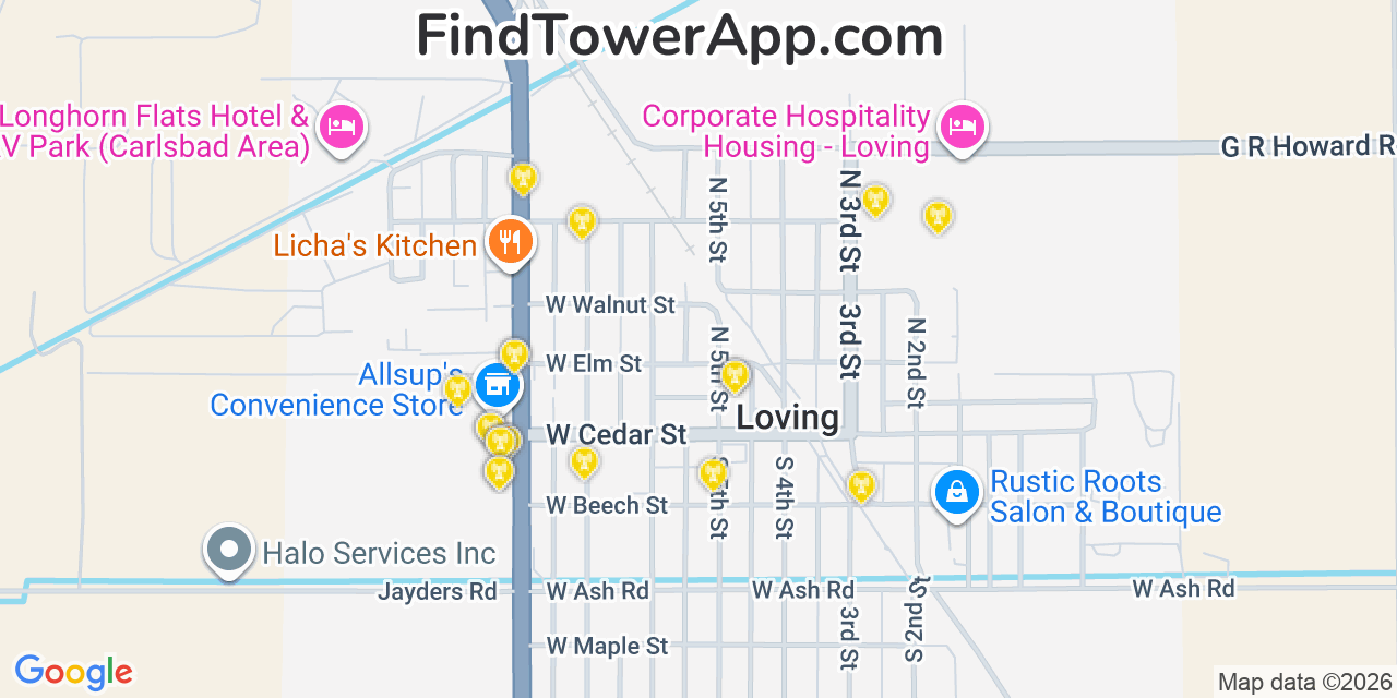 Map showing the 20 primary cell tower locations detected in Loving, New Mexico from AT&T, Verizon, and T-Mobile networks