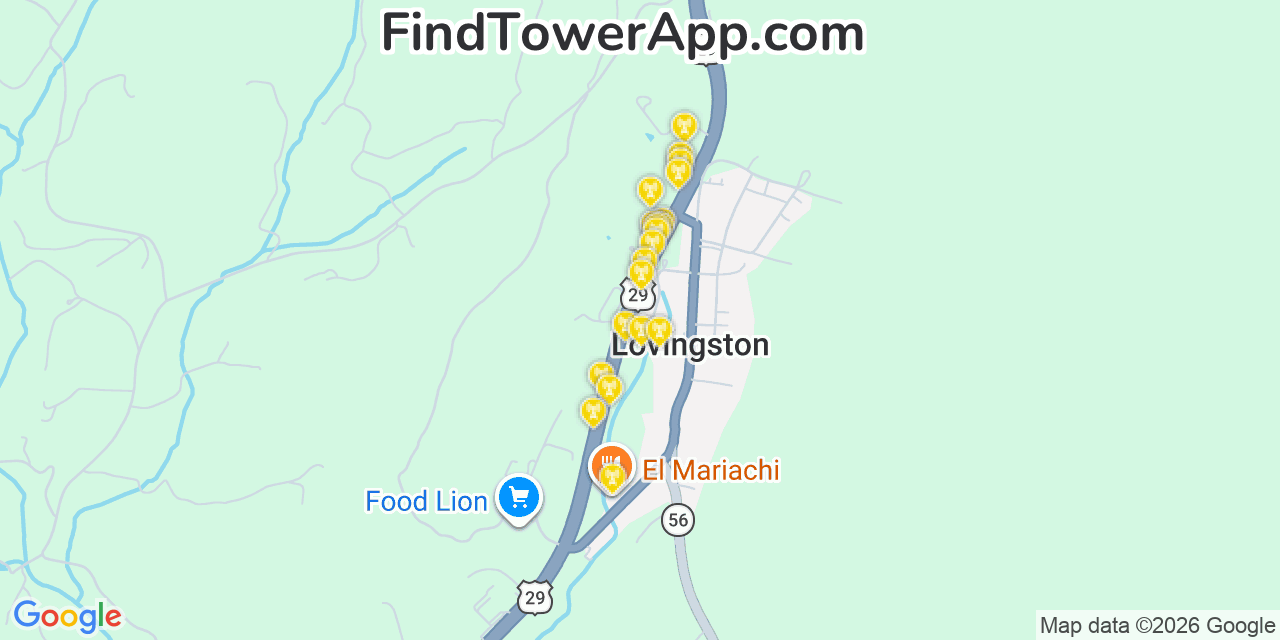 Map showing the 20 primary cell tower locations detected in Lovingston, Virginia from AT&T, Verizon, and T-Mobile networks