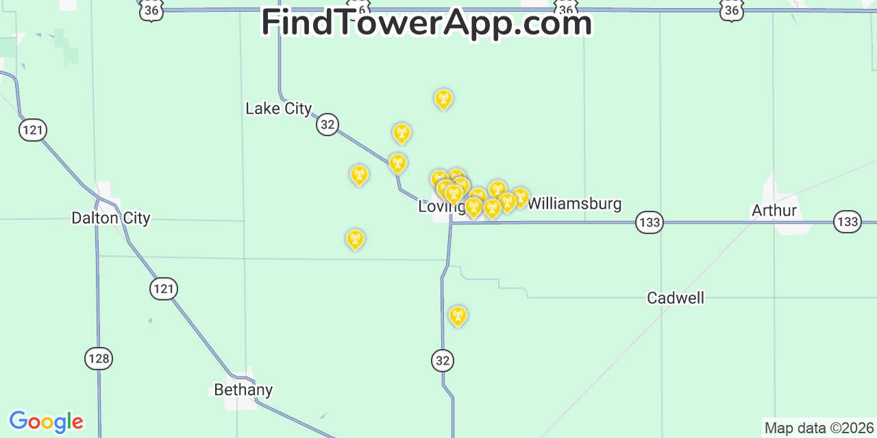 Map showing the 20 primary cell tower locations detected in Lovington, Illinois from AT&T, Verizon, and T-Mobile networks