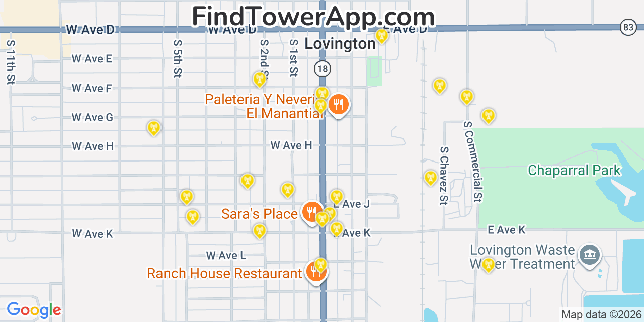Map showing the 20 primary cell tower locations detected in Lovington, New Mexico from AT&T, Verizon, and T-Mobile networks