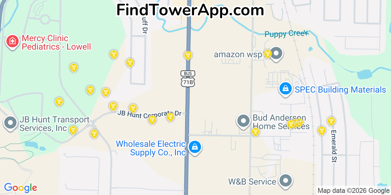 Map showing the 20 primary cell tower locations detected in Lowell, Arkansas from AT&T, Verizon, and T-Mobile networks
