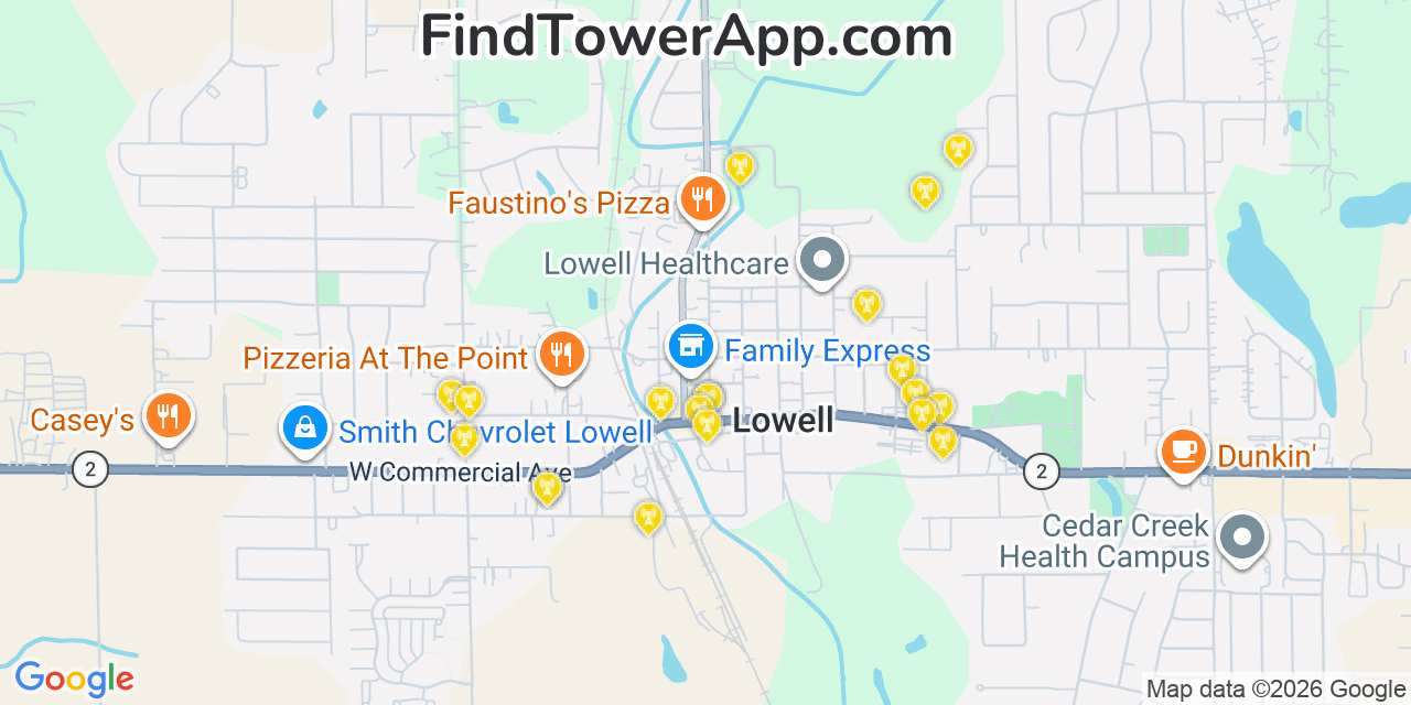 Map showing the 20 primary cell tower locations detected in Lowell, Indiana from AT&T, Verizon, and T-Mobile networks