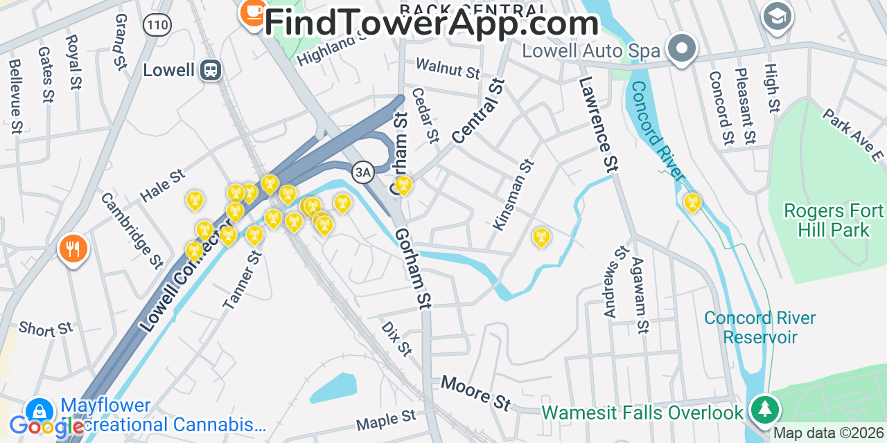 Map showing the 20 primary cell tower locations detected in Lowell, Massachusetts from AT&T, Verizon, and T-Mobile networks