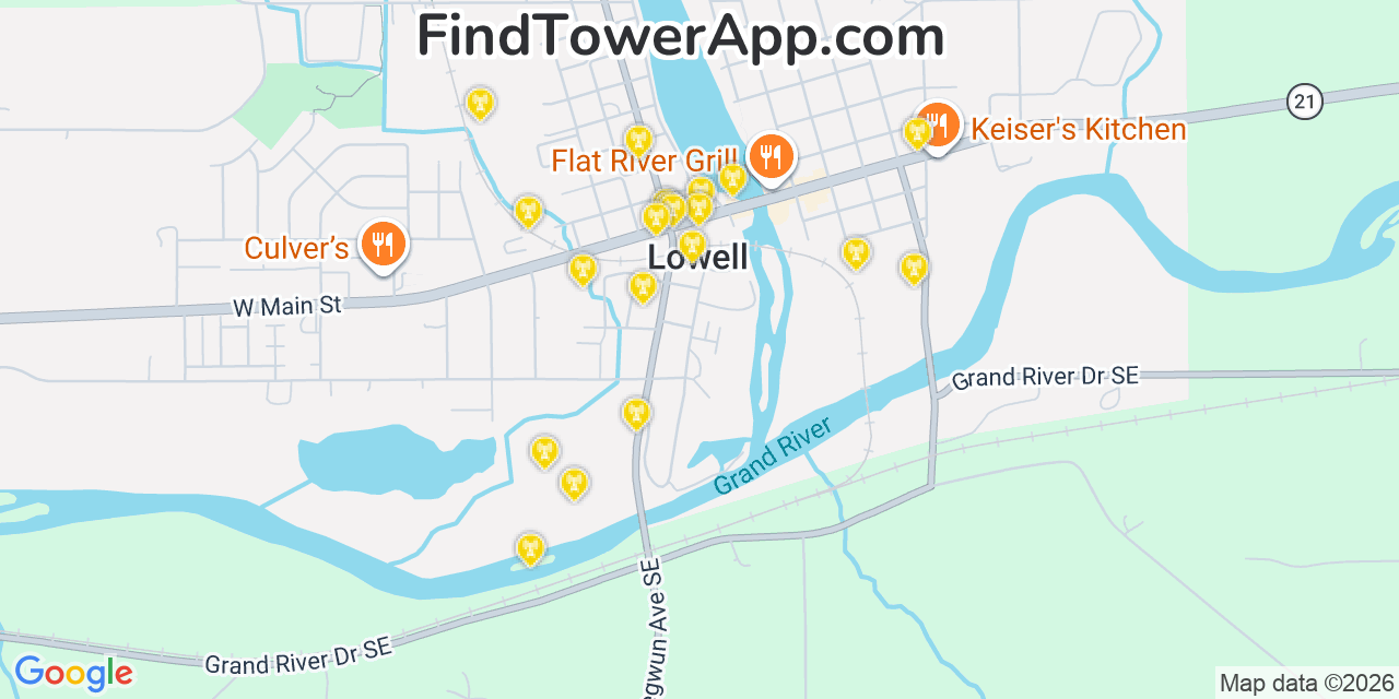 Map showing the 20 primary cell tower locations detected in Lowell, Michigan from AT&T, Verizon, and T-Mobile networks