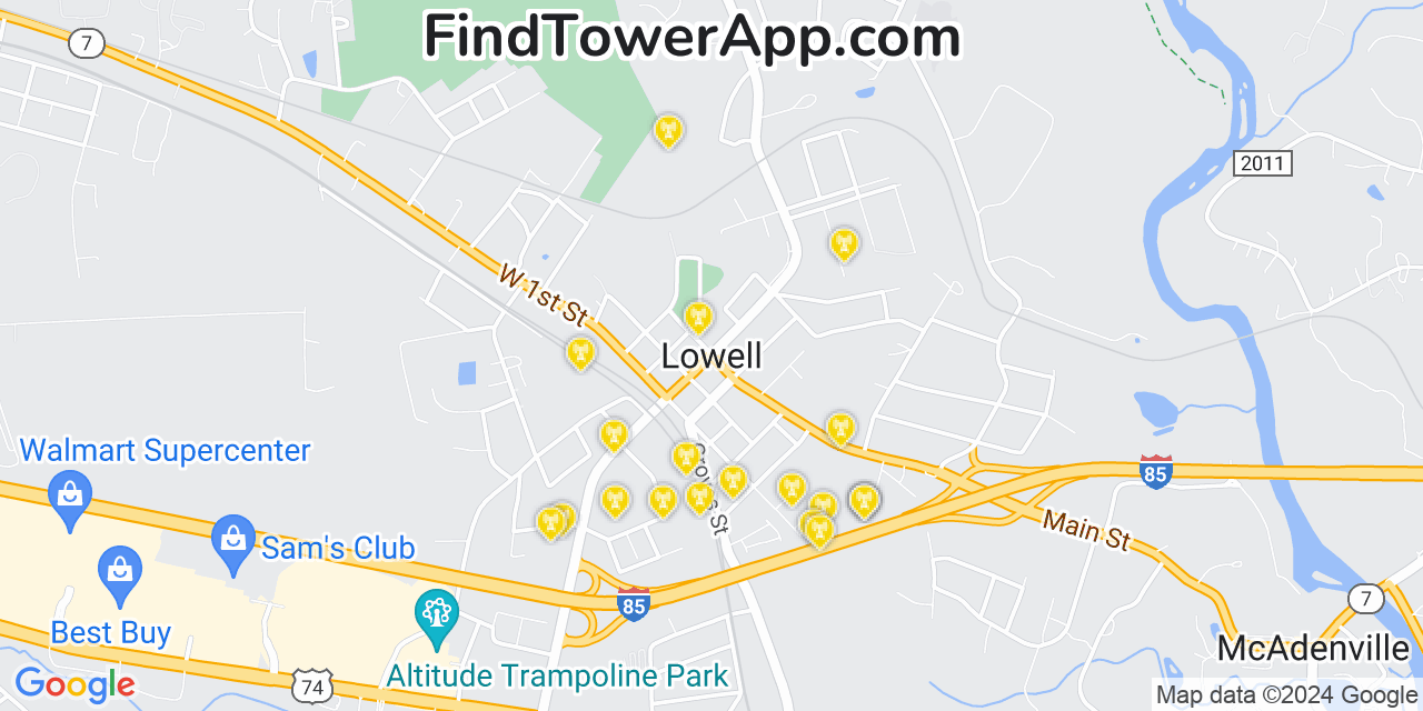 AT&T 4G/5G cell tower coverage map Lowell, North Carolina