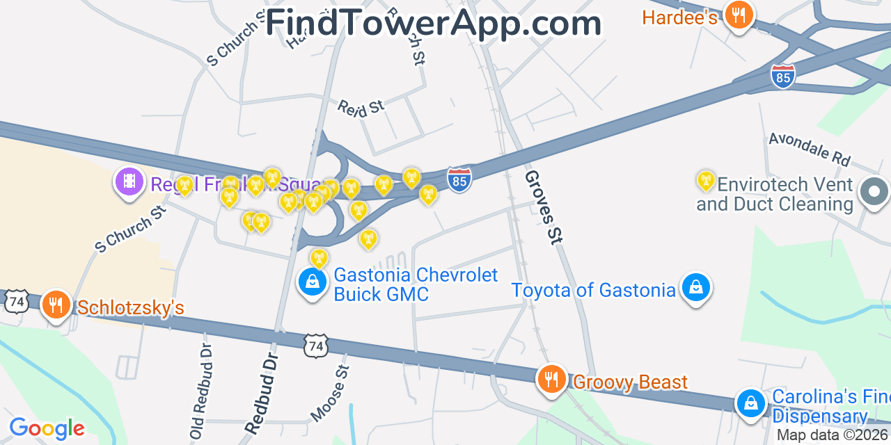 Map showing the 20 primary cell tower locations detected in Lowell, North Carolina from AT&T, Verizon, and T-Mobile networks