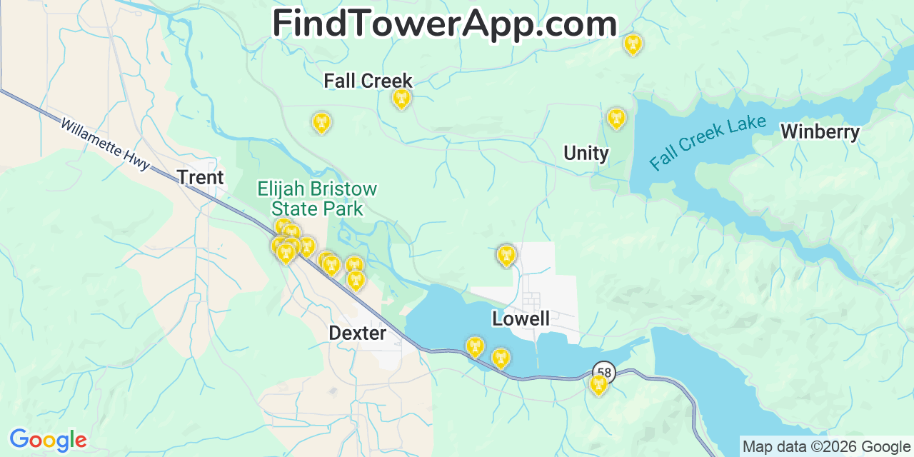 Map showing the 20 primary cell tower locations detected in Lowell, Oregon from AT&T, Verizon, and T-Mobile networks
