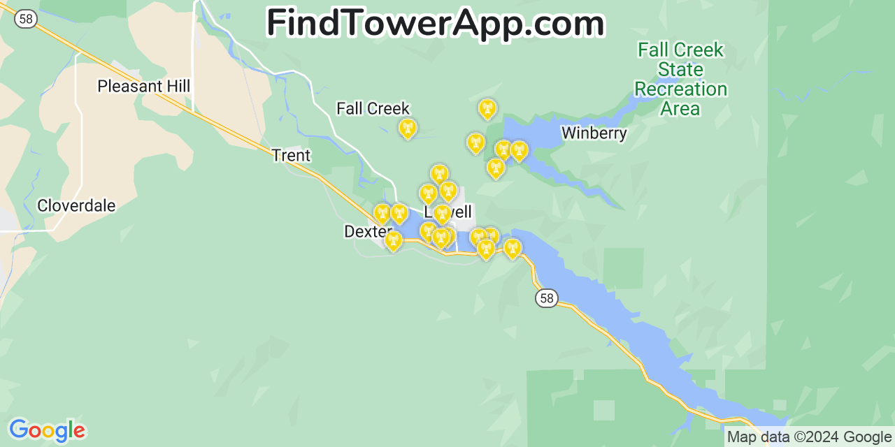 Verizon 4G/5G cell tower coverage map Lowell, Oregon