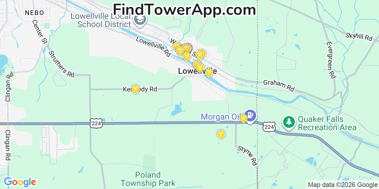 Map showing the 20 primary cell tower locations detected in Lowellville, Ohio from AT&T, Verizon, and T-Mobile networks