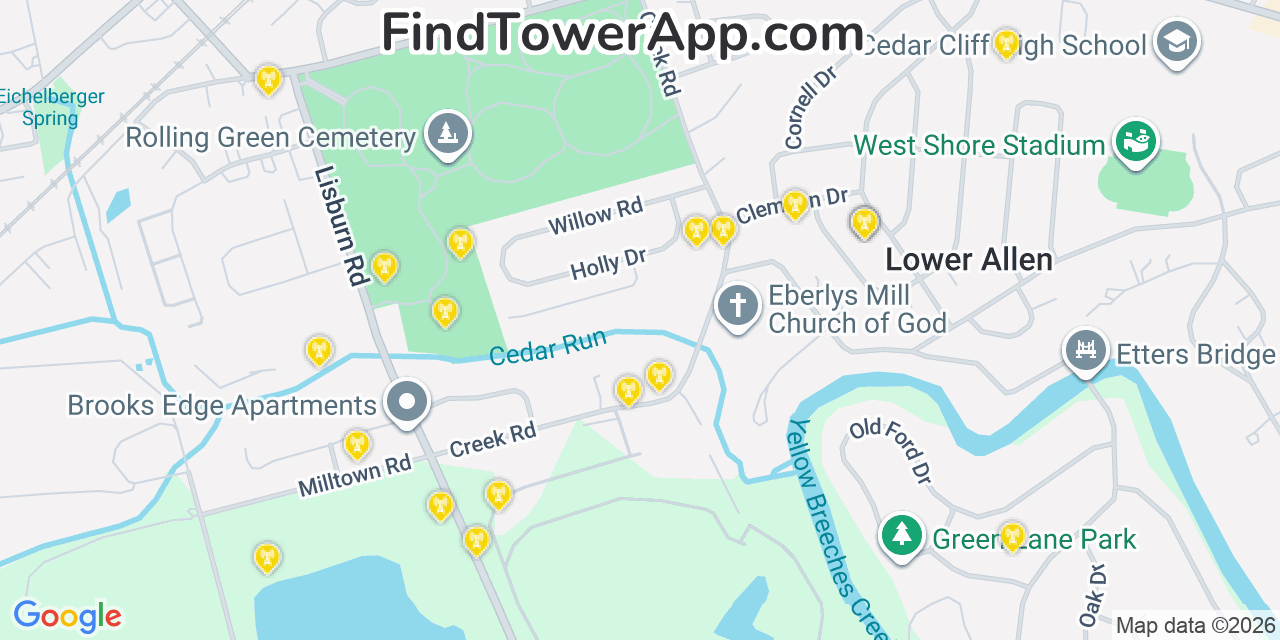Map showing the 20 primary cell tower locations detected in Lower Allen, Pennsylvania from AT&T, Verizon, and T-Mobile networks