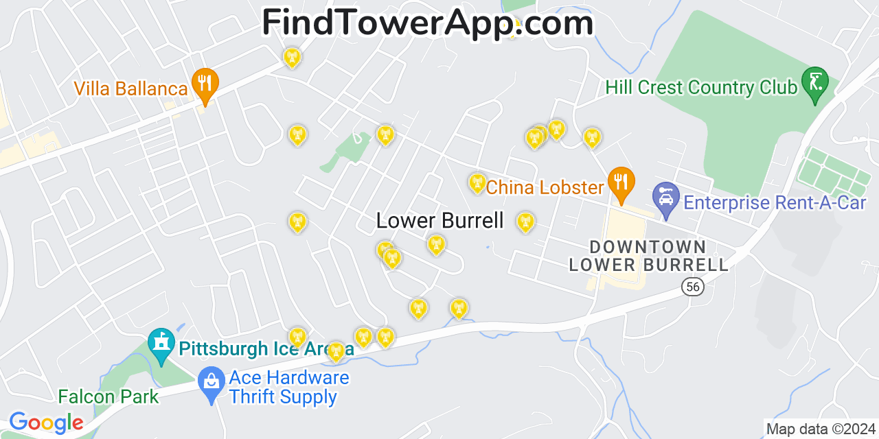 AT&T 4G/5G cell tower coverage map Lower Burrell, Pennsylvania