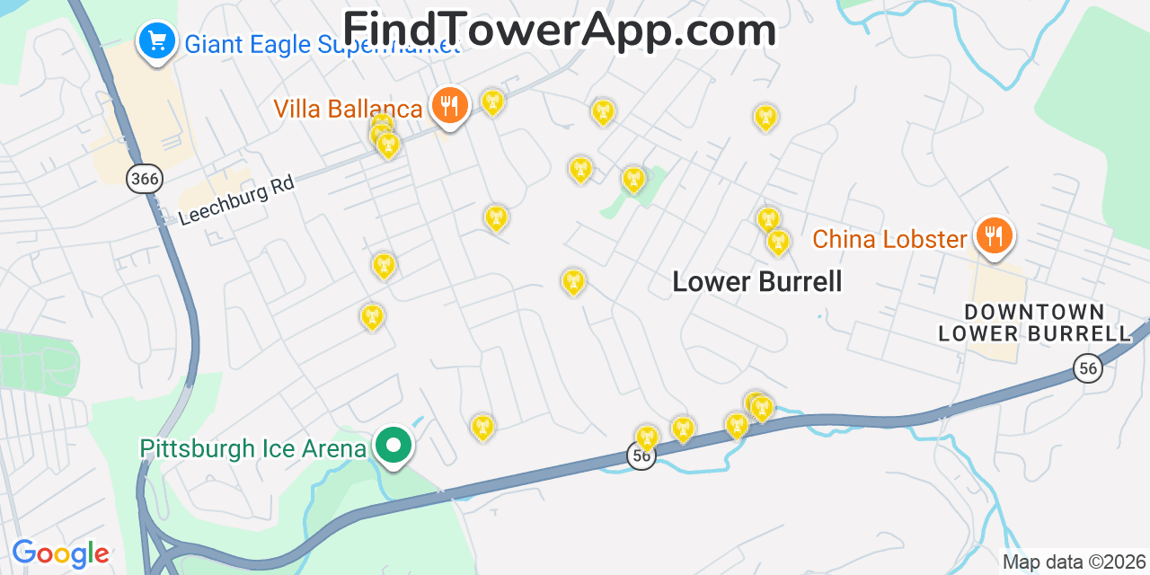 Map showing the 20 primary cell tower locations detected in Lower Burrell, Pennsylvania from AT&T, Verizon, and T-Mobile networks