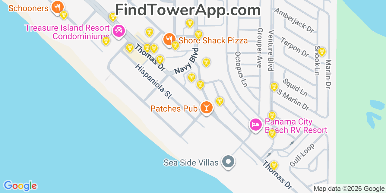 Map showing the 20 primary cell tower locations detected in Lower Grand Lagoon, Florida from AT&T, Verizon, and T-Mobile networks