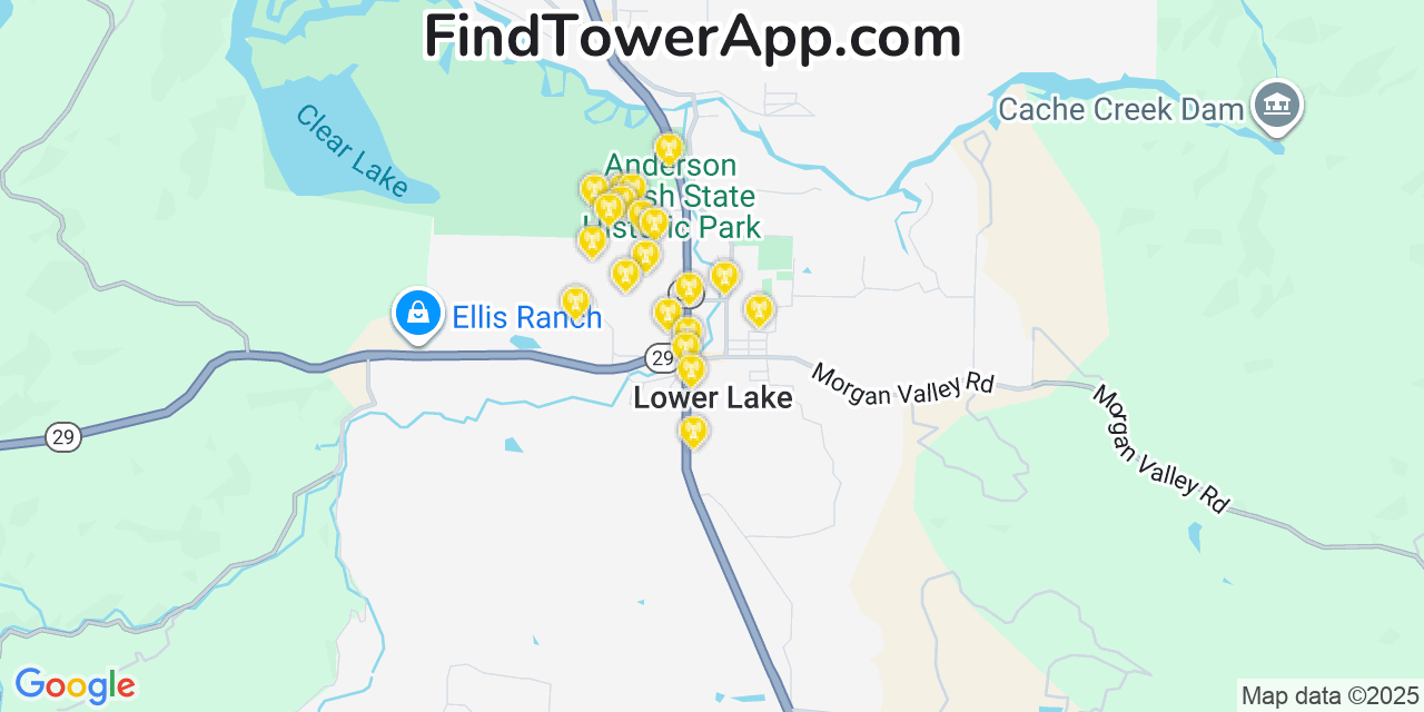 Map showing the 20 primary cell tower locations detected in Lower Lake, California from AT&T, Verizon, and T-Mobile networks
