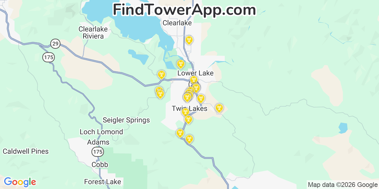 Map showing the 20 primary cell tower locations detected in Lower Lake, California from AT&T, Verizon, and T-Mobile networks