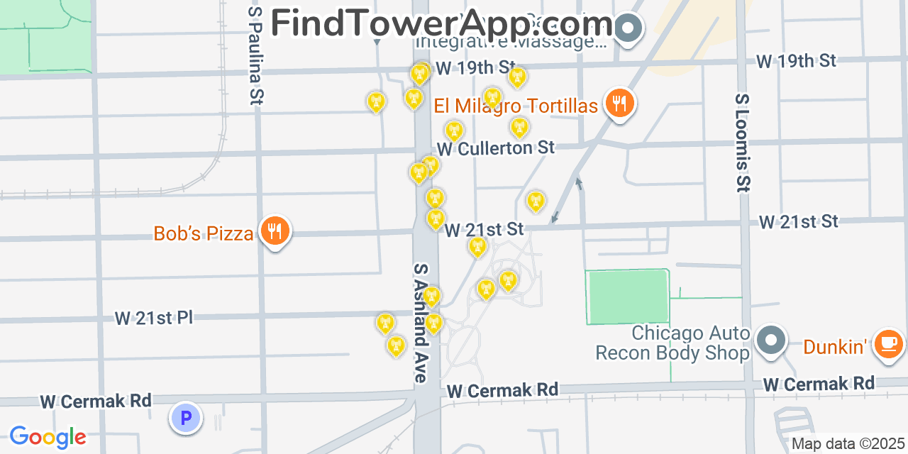 Map showing the 20 primary cell tower locations detected in Lower West Side, Illinois from AT&T, Verizon, and T-Mobile networks