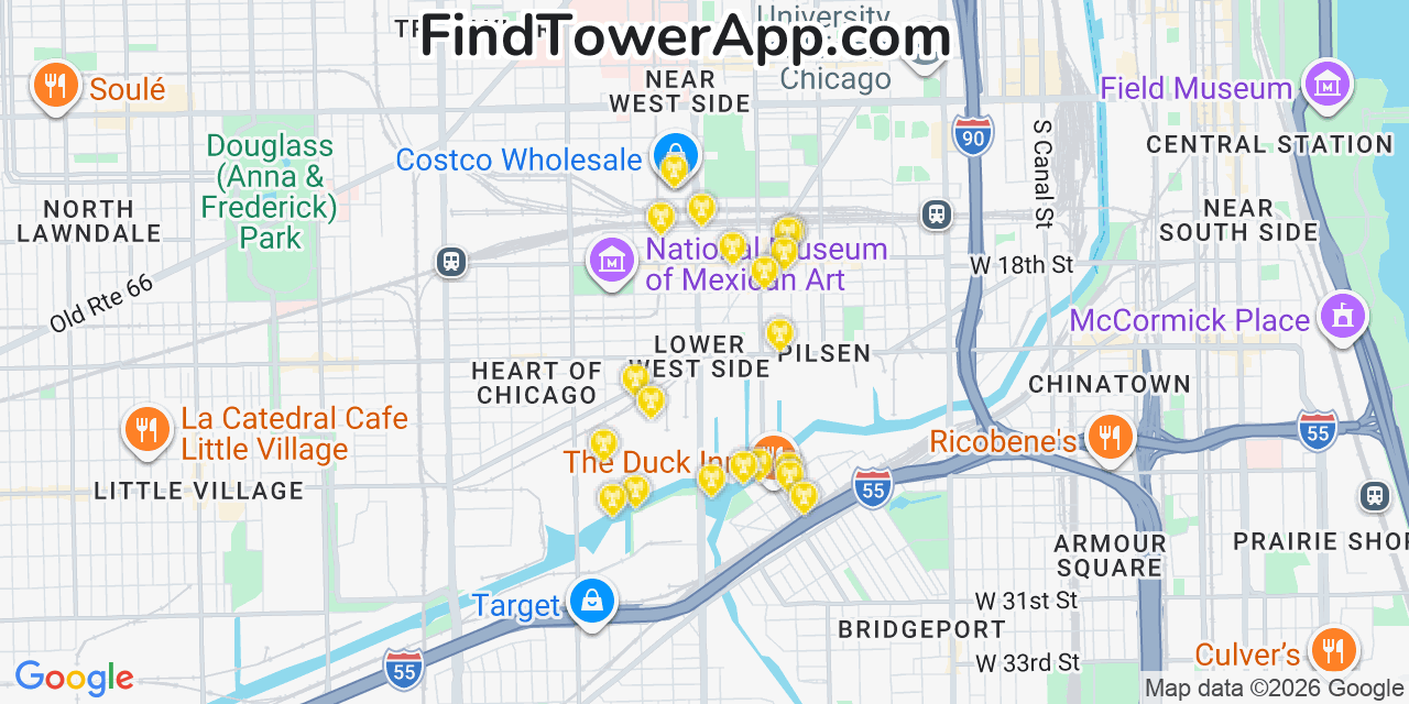 Map showing the 20 primary cell tower locations detected in Lower West Side, Illinois from AT&T, Verizon, and T-Mobile networks