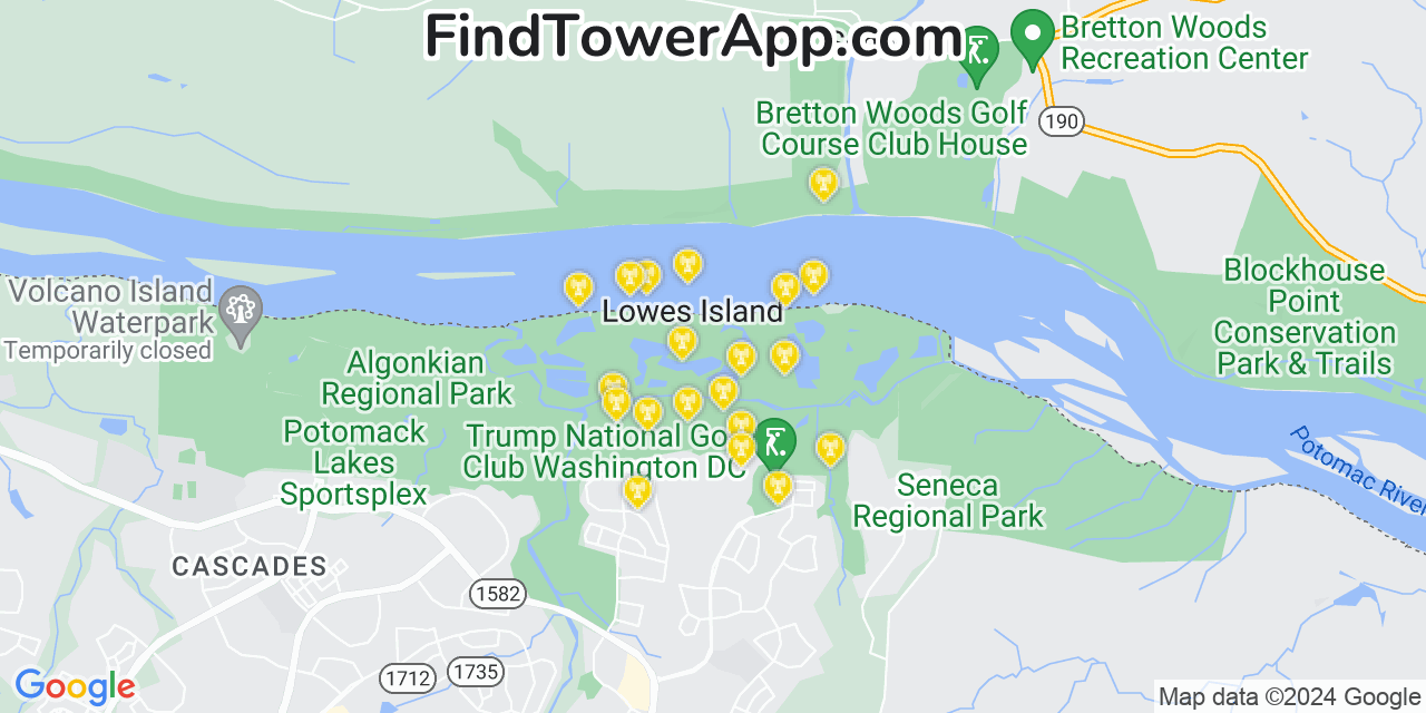 AT&T 4G/5G cell tower coverage map Lowes Island, Virginia