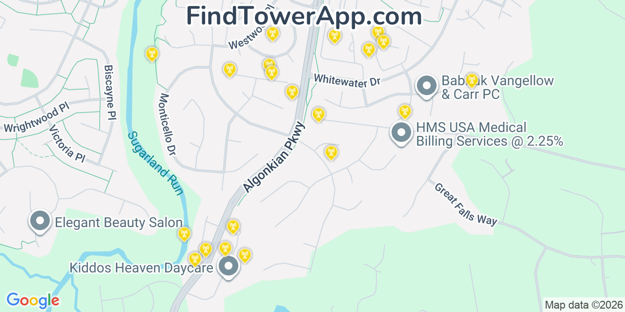 Map showing the 20 primary cell tower locations detected in Lowes Island, Virginia from AT&T, Verizon, and T-Mobile networks