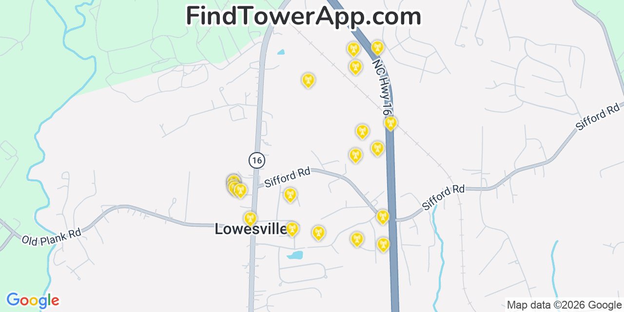 Map showing the 20 primary cell tower locations detected in Lowesville, North Carolina from AT&T, Verizon, and T-Mobile networks