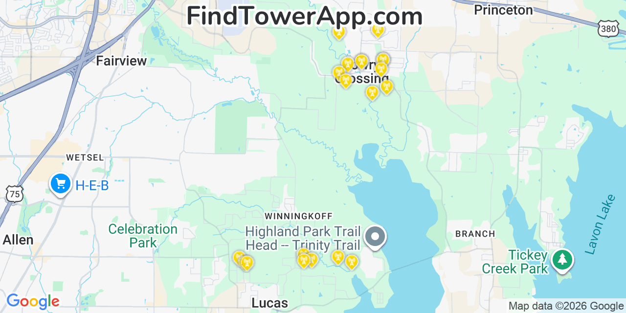 Map showing the 20 primary cell tower locations detected in Lowry Crossing, Texas from AT&T, Verizon, and T-Mobile networks