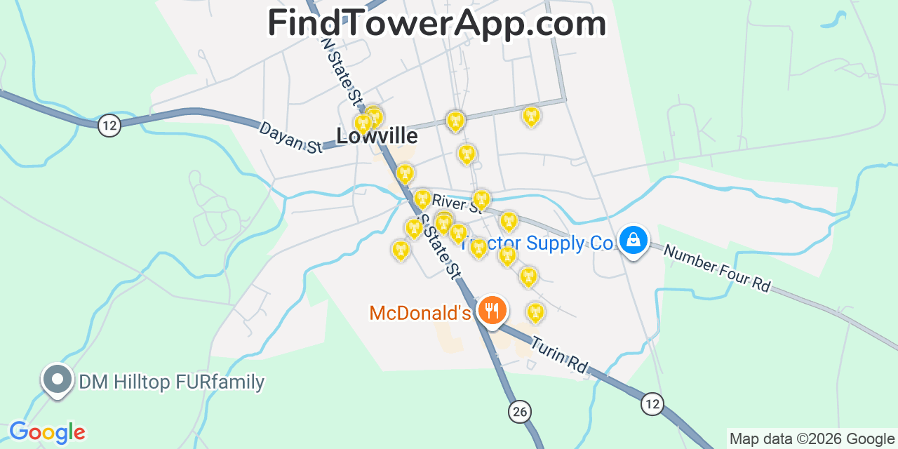 Map showing the 20 primary cell tower locations detected in Lowville, New York from AT&T, Verizon, and T-Mobile networks