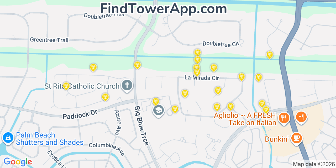 Map showing the 20 primary cell tower locations detected in Loxahatchee Groves, Florida from AT&T, Verizon, and T-Mobile networks