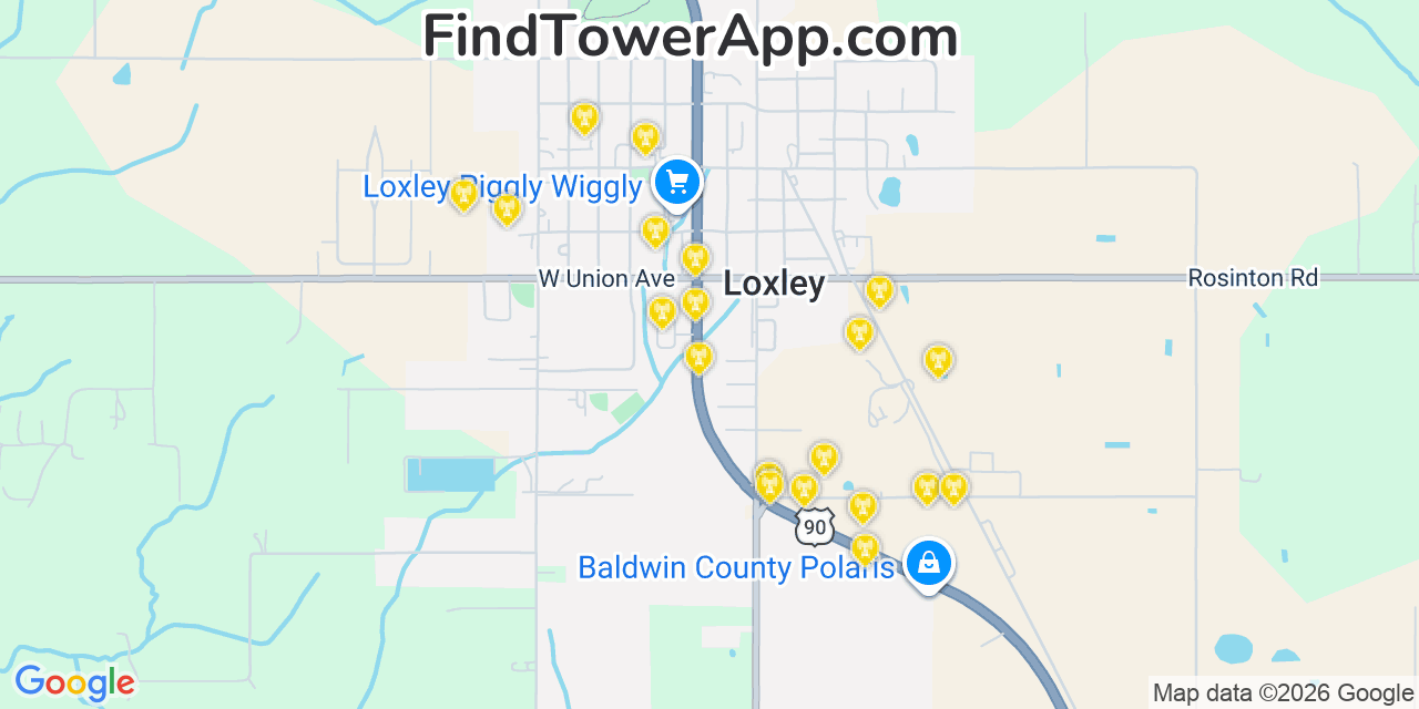 Map showing the 20 primary cell tower locations detected in Loxley, Alabama from AT&T, Verizon, and T-Mobile networks