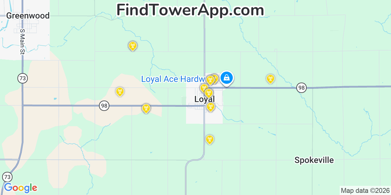 Map showing the 20 primary cell tower locations detected in Loyal, Wisconsin from AT&T, Verizon, and T-Mobile networks