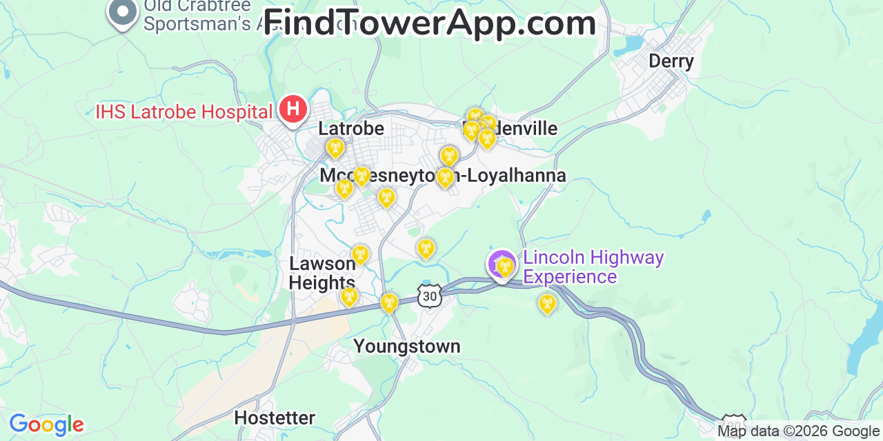 Map showing the 20 primary cell tower locations detected in Loyalhanna, Pennsylvania from AT&T, Verizon, and T-Mobile networks