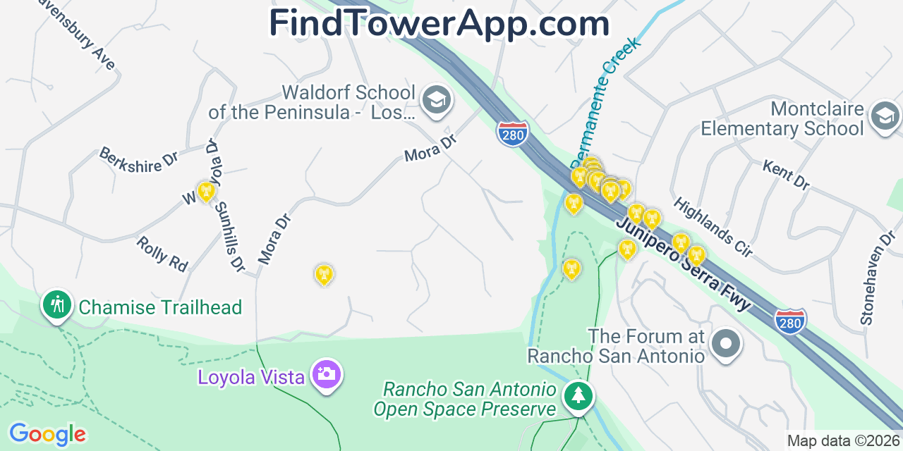 Map showing the 20 primary cell tower locations detected in Loyola, California from AT&T, Verizon, and T-Mobile networks