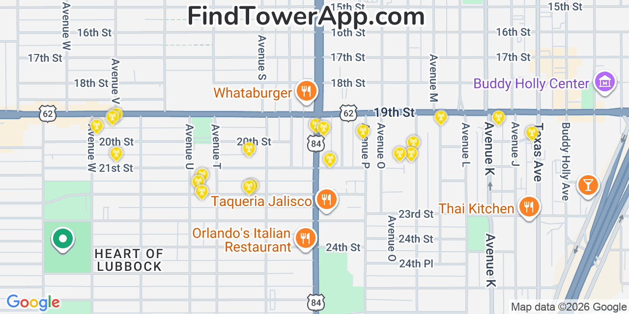 Map showing the 20 primary cell tower locations detected in Lubbock, Texas from AT&T, Verizon, and T-Mobile networks